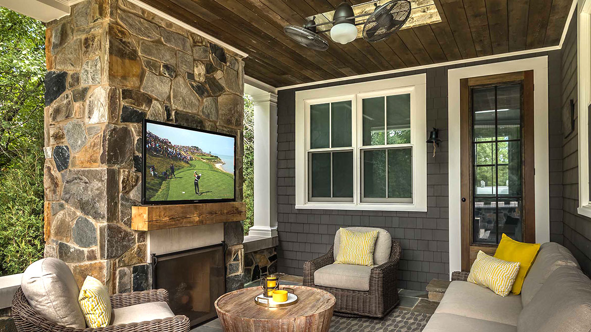 Northbrook New Construction Outdoor Fireplace Open-Air Porch TV