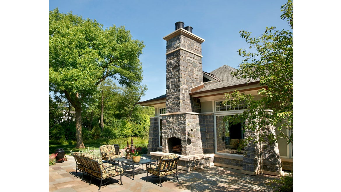 Glenview Green New Construction Prairie Entrance Reclaimed Outdoor Fireplace Courtyard