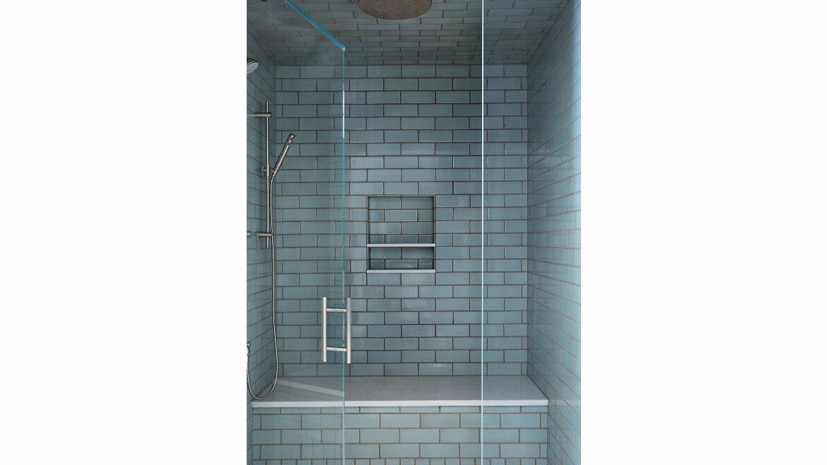 modern farmhouse master bathroom blue shower