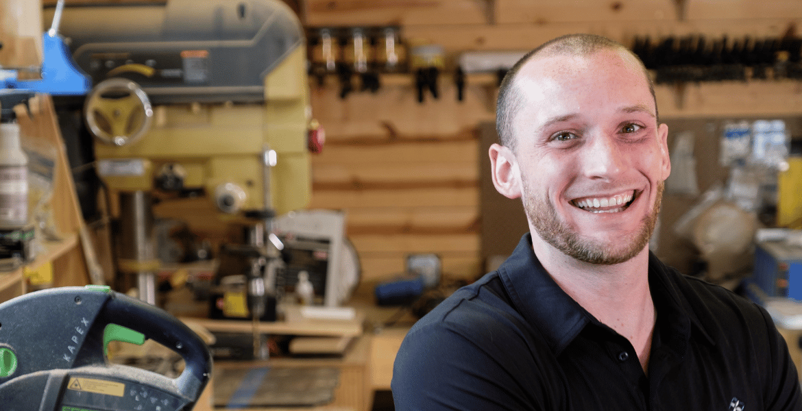 TJ Floyd, Associate Project Manager for Scott Simpson Design + Build, in his workshop with tools