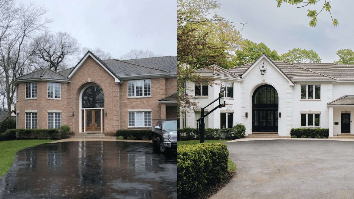 Before and after front exterior of Georgian style home - from pink hued brick to white and black style