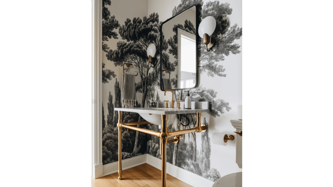 Exposed brass powder room vanity sink with large scale mural wall paper of black and white tree scene