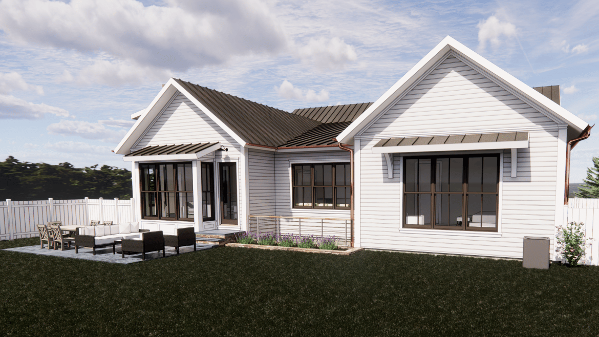 Ranch home design rendering of a white shingle house backyard elevation with patio