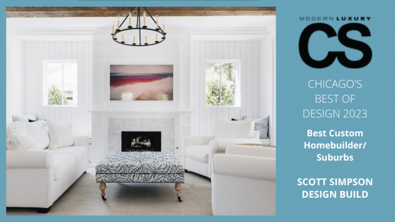 Scott Simpson Design + Build recognized as Best Custom Homebuilder Suburbs by Modern Luxury Chicago Social with modern white living room pictured