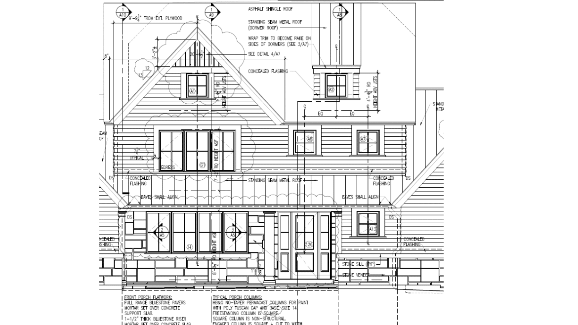 Architectural drawing of modern craftsman home front door exterior with dark siding, metal roofing and stone apron