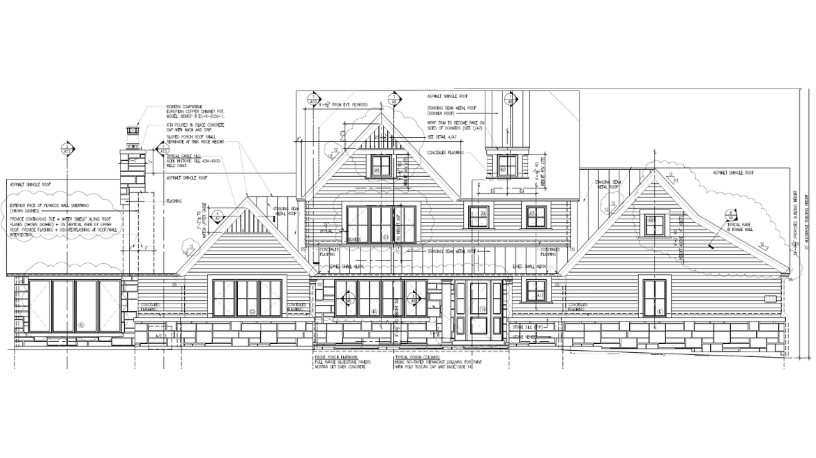 Architectural drawings of the back exterior of rustic chic style farmhouse