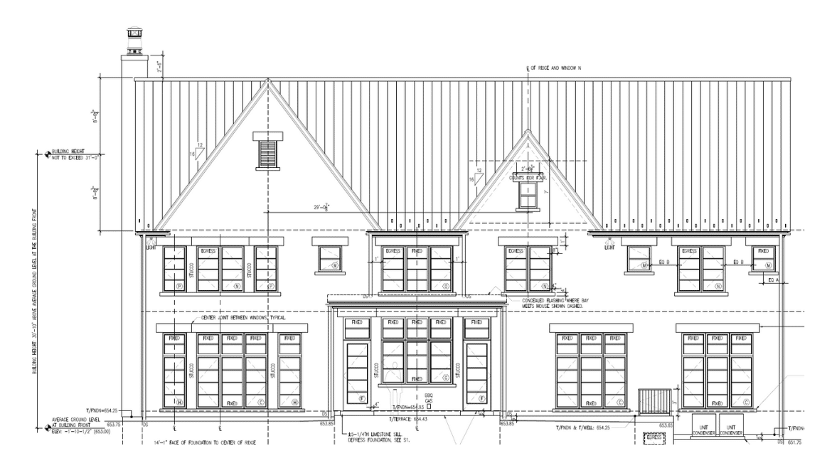 Architectural drawings for modern tudor home back elevation