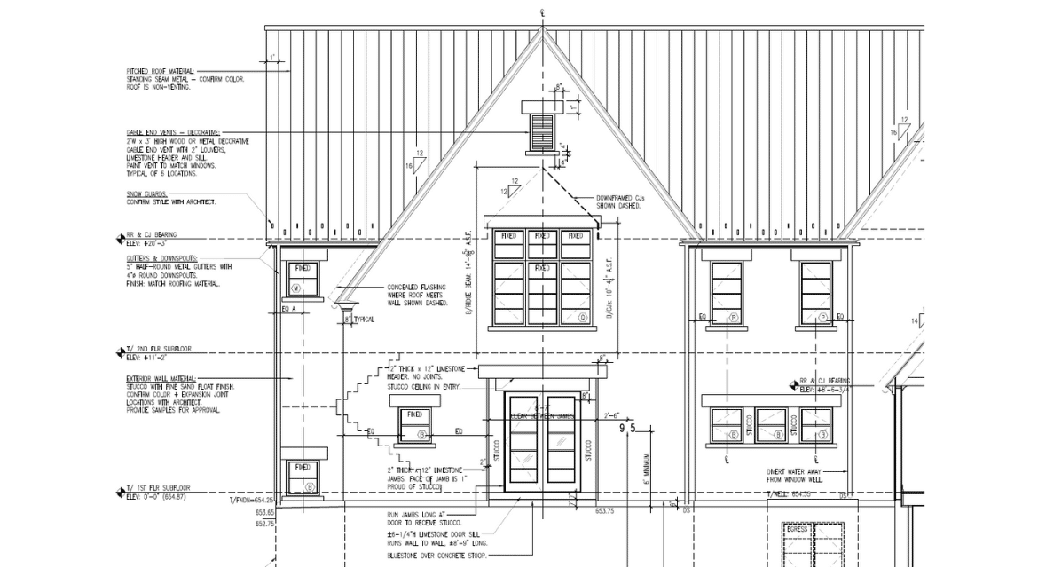 Architectural drawings for modern tudor home front elevation