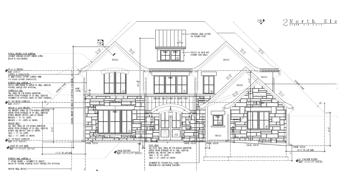 Architectural drawings of front exterior of contemporary empty nest home with light color walls, black rimmed windows, stone detailing and large arched front door