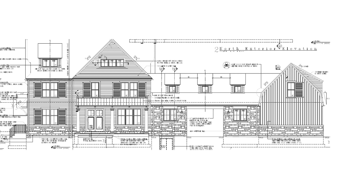 Architectural drawings of the front exterior of rustic chic farmhouse with barn and drive-through to garage at back