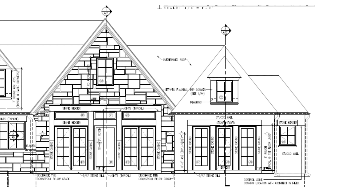 Architectural drawing for Traditional French Country home back exterior with french doors and stone detailing