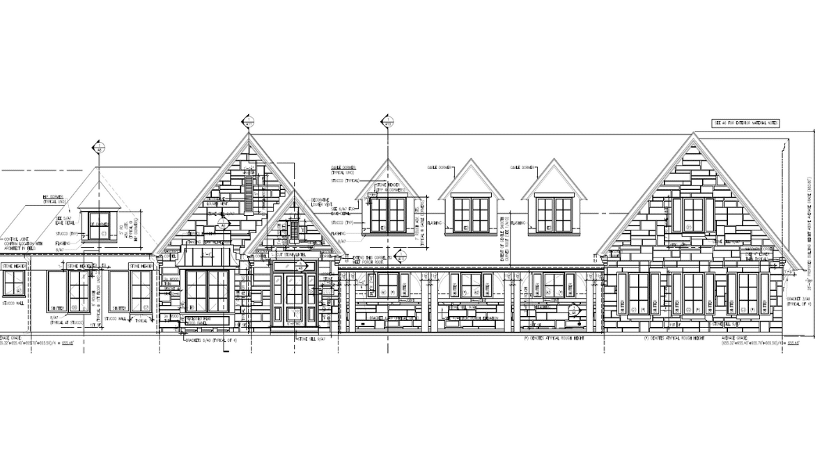 Architectural drawing for Traditional French Country home front elevation with stone detailing and long porch