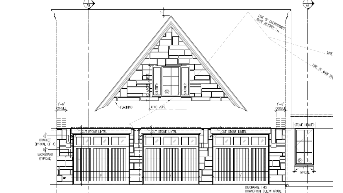 Architectural drawing for Traditional French Country 3-car Garage with stone detailing and dark brown doors