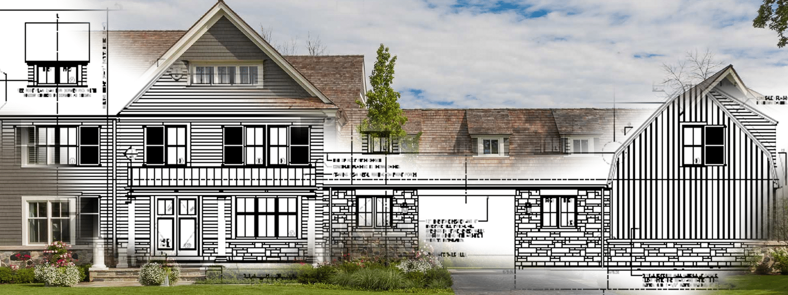 Architectural drawings blended with finished photo of the front exterior of rustic chic farmhouse with barn and drive-through to garage at back