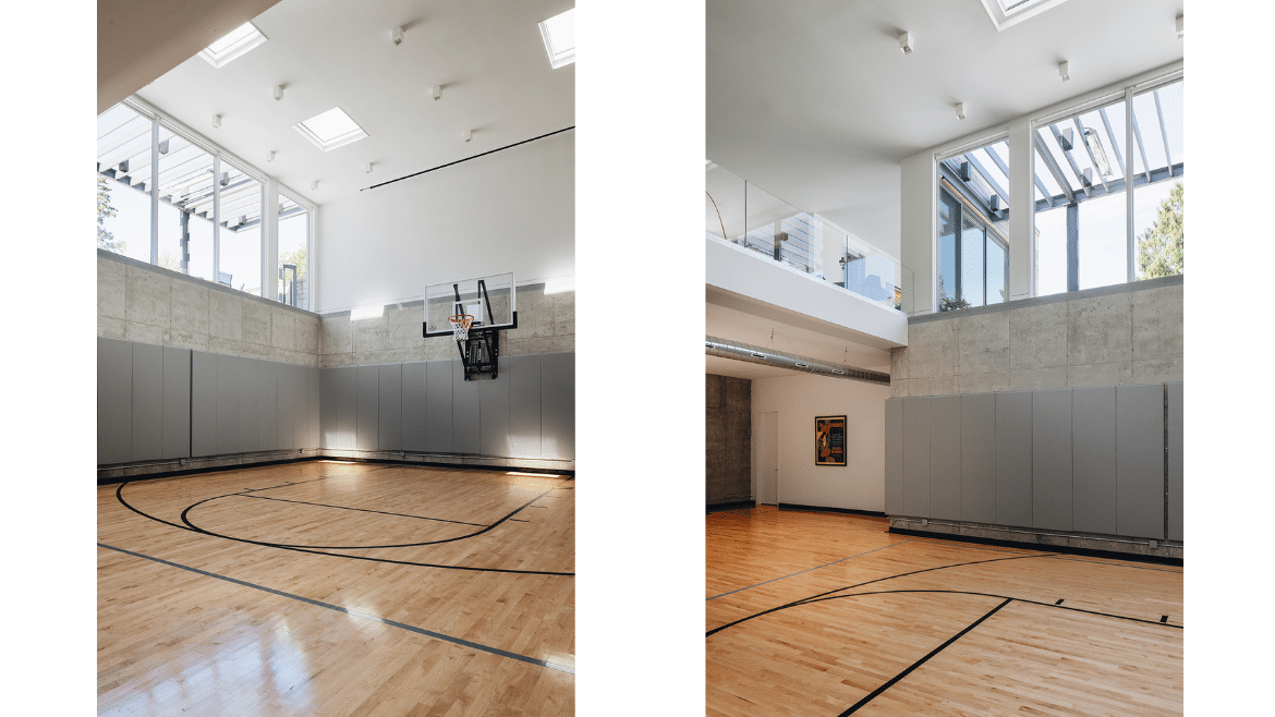 Two-story high half court for indoor basketball, volleyball or pickleball on Sport Court brand athletic hardwood flooring