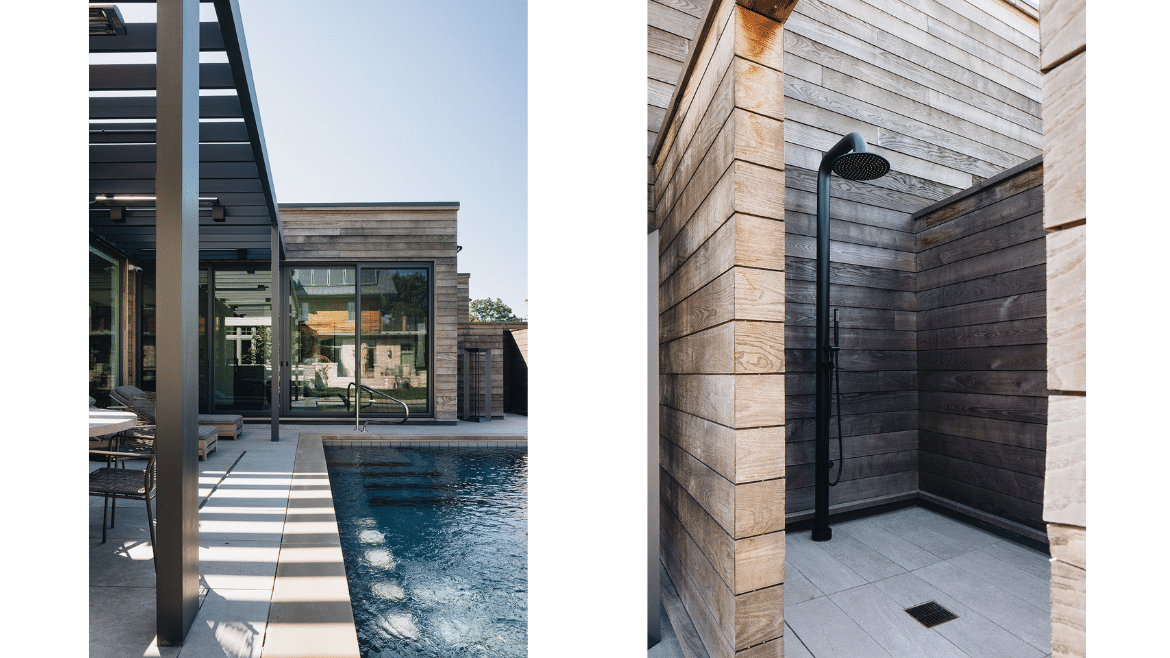 Wilmette modern pool house with recycled ash siding, outdoor shower