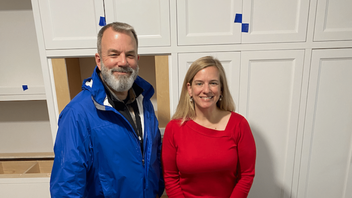 Scott Simpson (builder) and Amy Scruggs (architect) on site of a kitchen renovation